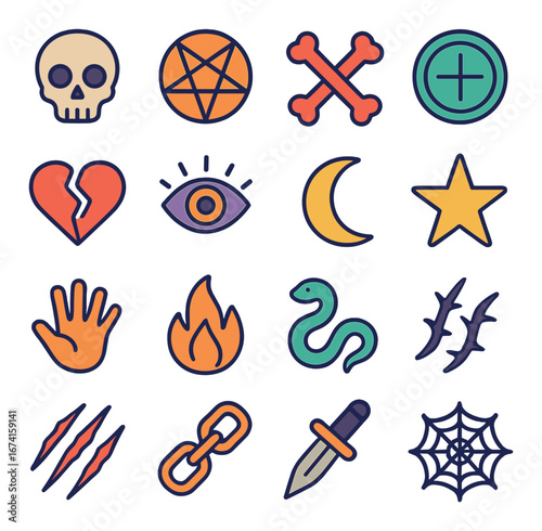 Linear halloween icons set featuring skull, pentagram, bones, heart, eye, moon, star, hand, fire, snake, dagger