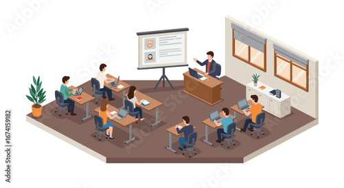 Modern office training session with presenter and diverse team in isometric style