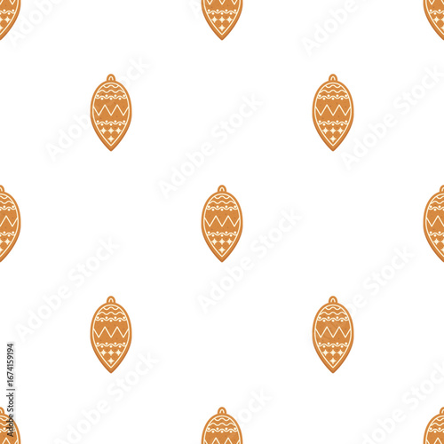 Seamless vector pattern of Christmas cookies in the shape of a Christmas tree decoration, holiday baking, gingerbread, festive background for packaging, stationery and web design.