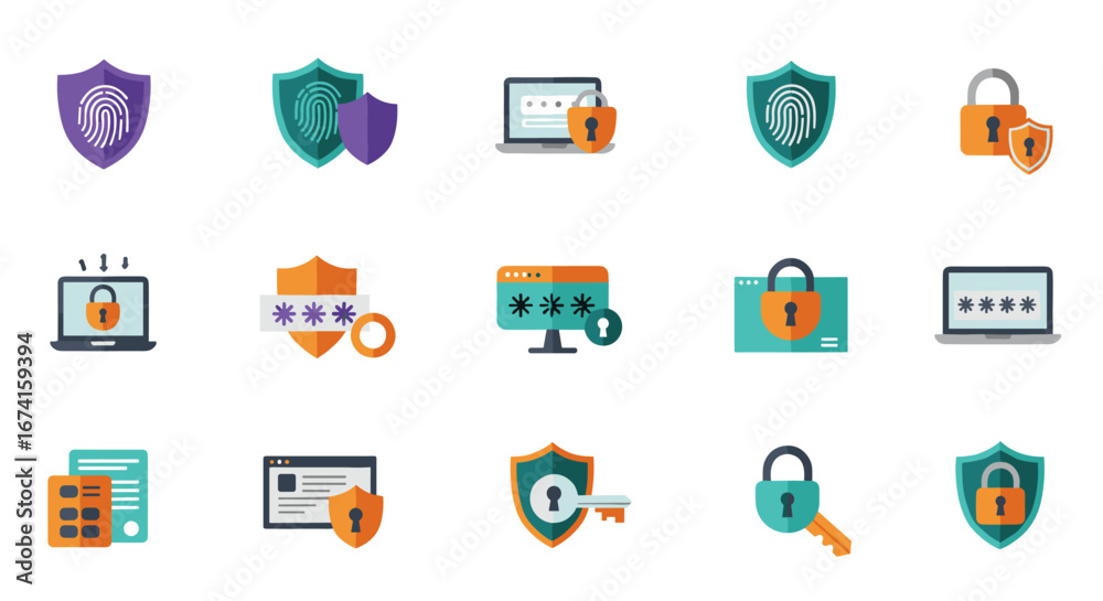 Cybersecurity icons set featuring shields, locks, and fingerprints in flat design