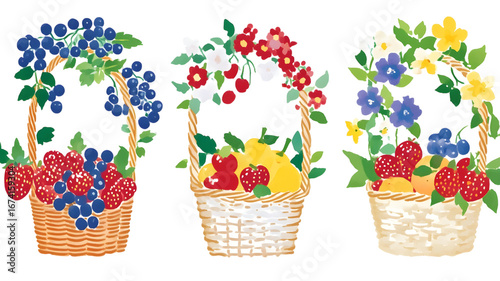 Fruit baskets arrangement garden illustration colorful aesthetic display