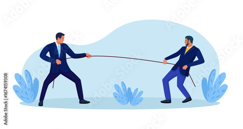 Two professionals pull a rope from opposite sides as tension builds. Rivalry, negotiation and power balance in business. Conflict management. Characters fighting for leadership, arguing, wrestling