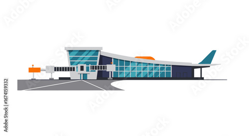 Modern airport terminal building with glass facade and attached jetway