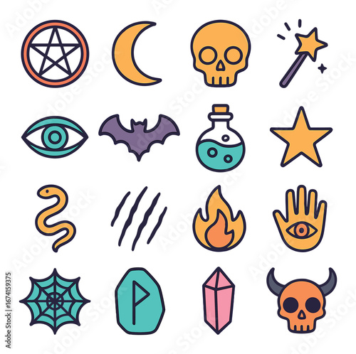 Flat mystical icon set featuring pentagram, moon, skull, wand, eye, bat, potion, and star symbols