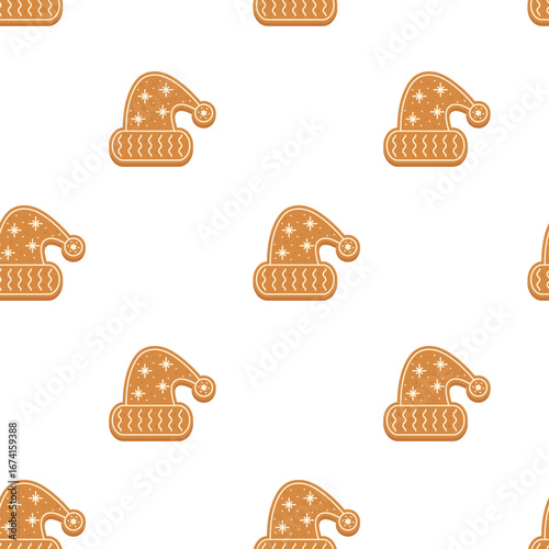 Seamless vector pattern of Christmas cookies in the shape of a hat, festive pastries, gingerbread, festive background for packaging, stationery and web design