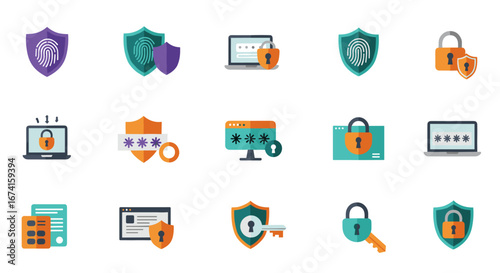 Cybersecurity icons set featuring shields, locks, and fingerprints in flat design