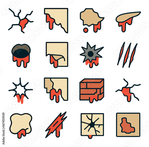 Flat horror icons set featuring stains, splatter, claw marks, cracks, drips, and bricks