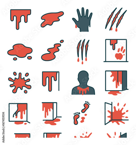 Silhouette horror icon set featuring blood, scratch, drip, handprint, and footprint symbols