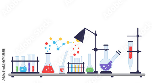 Colorful flat design chemistry lab equipments on desk with molecule model