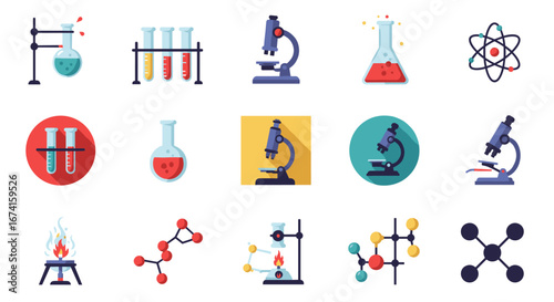 Colorful laboratory equipment and science icons in flat design