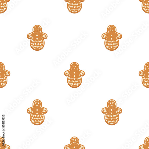 Seamless vector pattern of Christmas cookies in the shape of a snowman, holiday baking, gingerbread, festive background for packaging, stationery and web design.