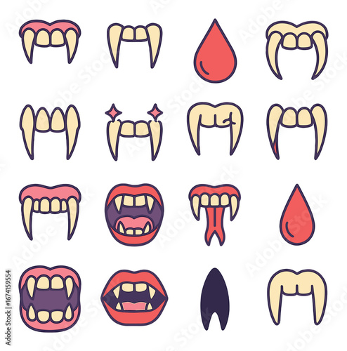 Flat halloween icon set featuring vampire fangs, blood drops, and mouths