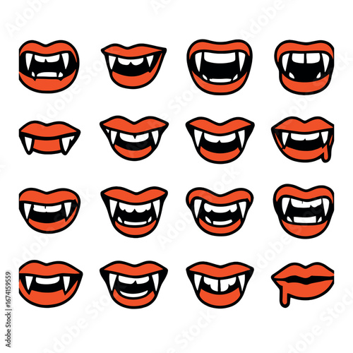 Flat halloween icon set featuring vampire mouths, fangs, lips, and smiles
