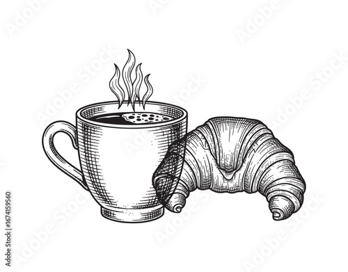 A hand-drawn vector illustration of coffee and a croissant in black. It's done in a vintage engraving style and set against a white background.