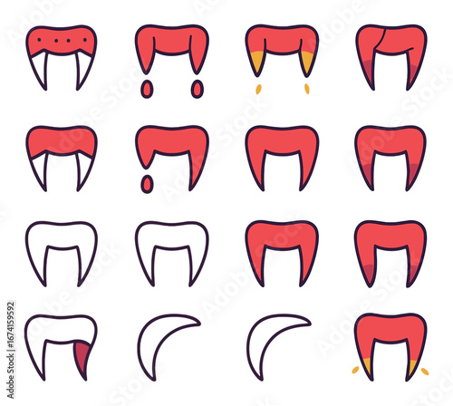 Flat halloween icon set featuring vampire, blood, fangs, spooky, horror, dracula, and bite symbols