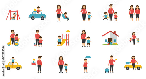Family activities: playtime, travel, and daily moments in colorful flat design