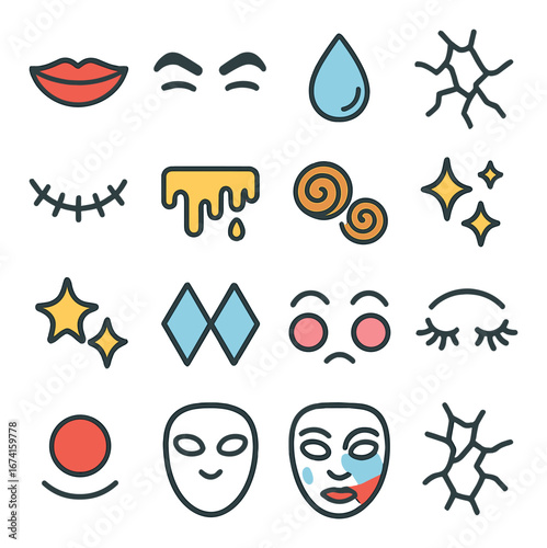 Linear beauty icon set featuring lips, eyebrows, tear, cracked skin, mascara, and stars