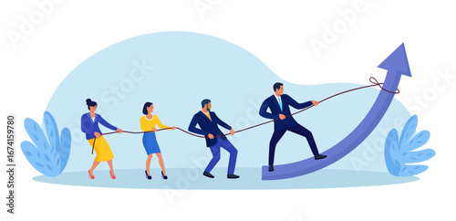 Team pulls an upward arrow to raise results. Growth drive and shared effort, goal focus in sales and finance. Teamwork, collaboration colleagues. Changing business direction, corporate strategy