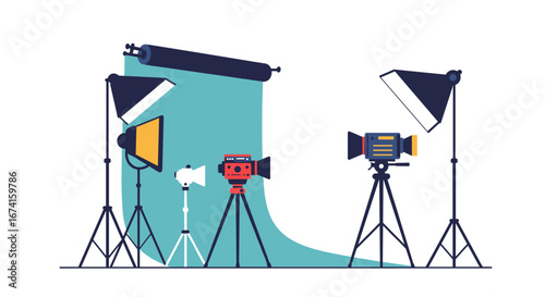 Photography studio equipment with modern lighting and cameras