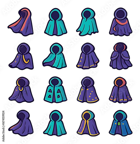 Flat fantasy cape icon set featuring hooded, velvet, starry, mystical, enchanted, and royal designs
