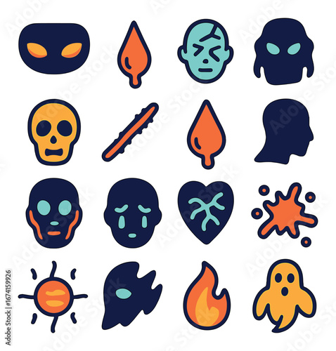 Silhouette horror icon set featuring masked face, skull, ghost, flame, and splash symbols