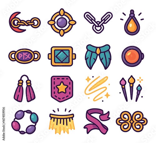 Flat rpg fantasy icon set featuring amulet, gem, wings, paint, stars, and ribbon designs