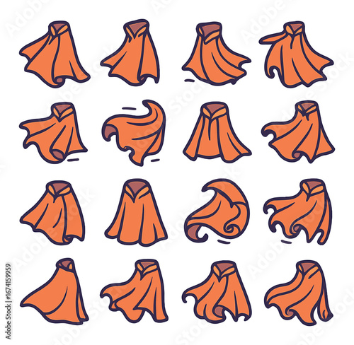 Flat fashion icon set featuring cape, cloak, drape, mantle, poncho, shawl, hood, and robe designs