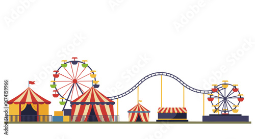 Colorful amusement park with ferris wheels and roller coaster in flat design