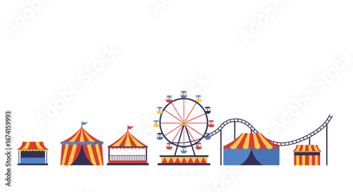 Amusement park fun fair with colorful tents and ferris wheel