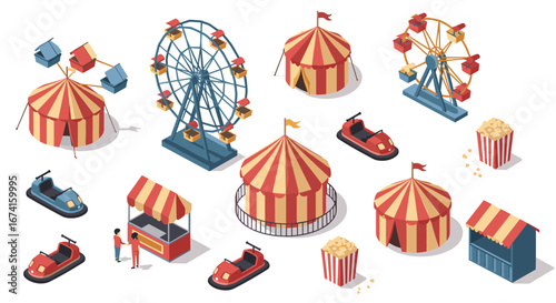 Isometric carnival scene with ferris wheel and circus tents