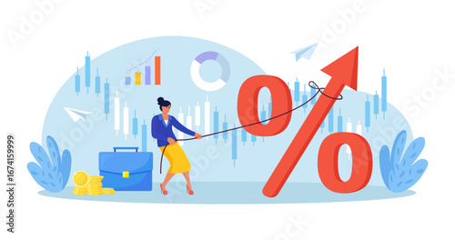 Business woman pulls a rope to raise a giant percent sign over stock charts. Revenue growth and KPI focus for finance sales trading and investment. Interest rate profit business growth