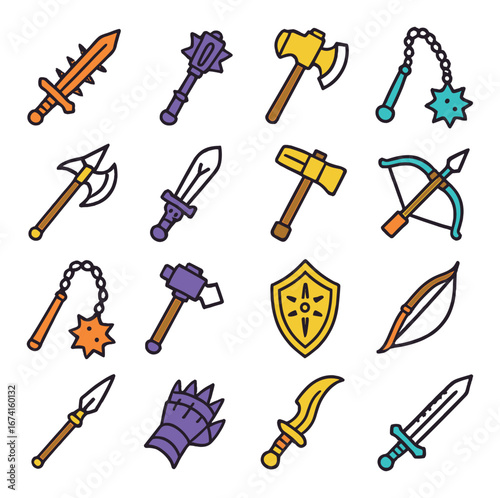 Linear medieval weapons icon set featuring sword, mace, axe, flail, shield, and bow symbols