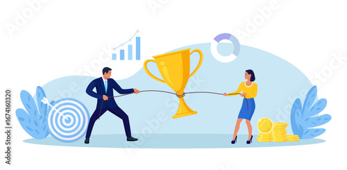 Two colleagues pull a huge trophy toward their side. Business rivalry and ambition. Goal focus and reward pursuit across sales. Teams competing for prize. Conflict of interests of businessmen