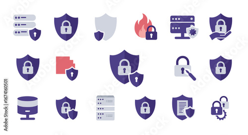 Security icons set with lock and shield designs for data protection