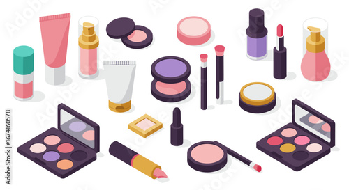 Isometric cosmetic makeup set on white background