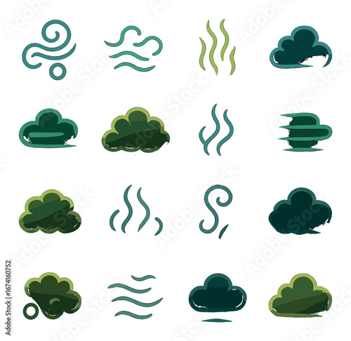 Linear weather icon set featuring wind, storm, cloud, and fog symbols
