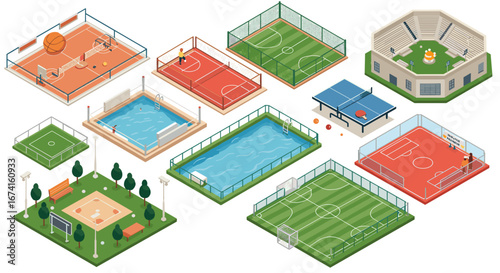 Isometric sports facilities collection with basketball, tennis, and soccer fields