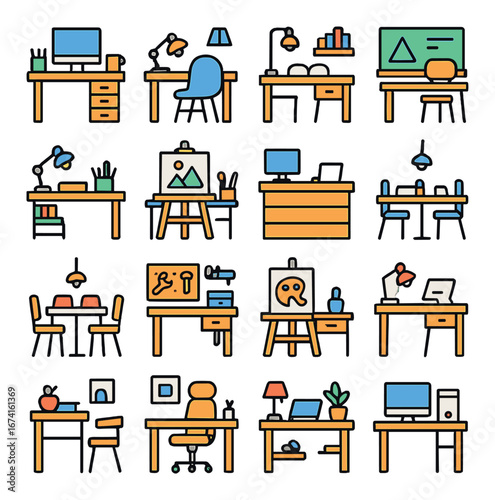 Flat office icon set featuring desk, computer, lamp, chair, and bookshelf symbols