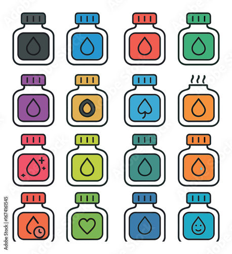 Linear potion bottle icon set featuring variations, liquid, drop, magic, and color symbols