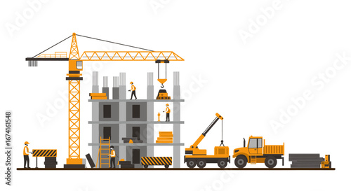 Urban construction site with workers and heavy machinery in flat design