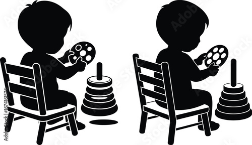 Silhouette of Two Toddlers Playing with Stacking Ring Toys baby child