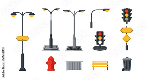 Urban street elements set featuring lamp posts, traffic lights, fire hydrant, and waste bin