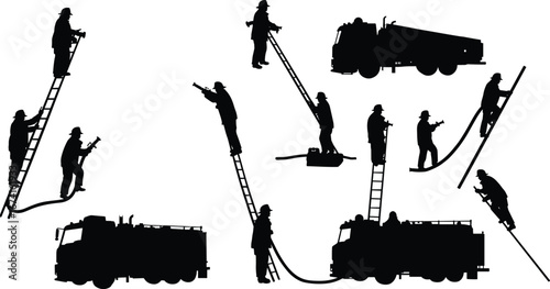 Firefighters silhouette climbing ladders, handling hoses, fire truck vehicles, emergency response, fire rescue team, safety equipment, firefighting operation, rescue mission, fire safety,