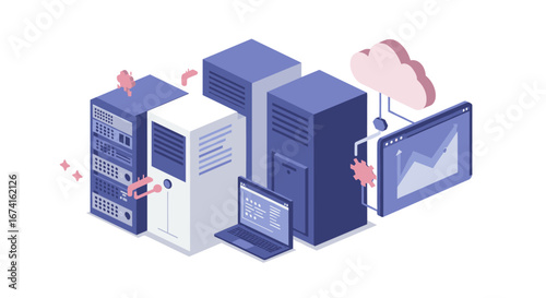 Isometric data center with server racks and cloud computing elements