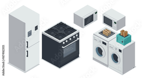 Modern kitchen appliances in isometric design featuring refrigerator, stove, microwave, washer and dryer, toaster with toast