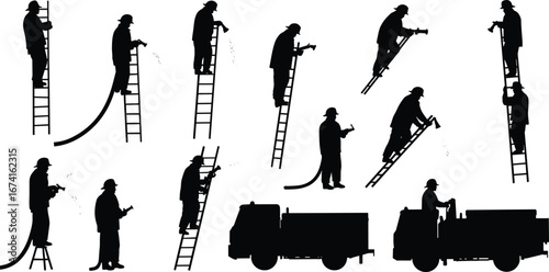 Firefighters climbing ladders, spraying water hoses, fire truck silhouettes, emergency rescue, firefighting team, fire safety operation, firemen in action, ladder rescue, fire hose spray,