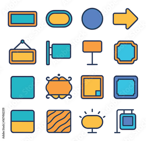 Flat signage icon set featuring rectangle, oval, circle, arrow, hanging, square, and border designs