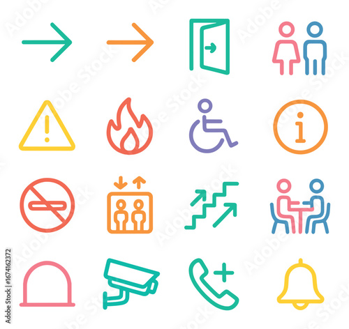 Neon linear icon set for navigation, safety, accessibility, and communication