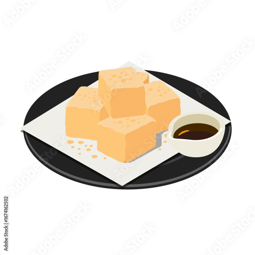 Warabi mochi with kinako on black round plate with white paper - flat vector illustration
