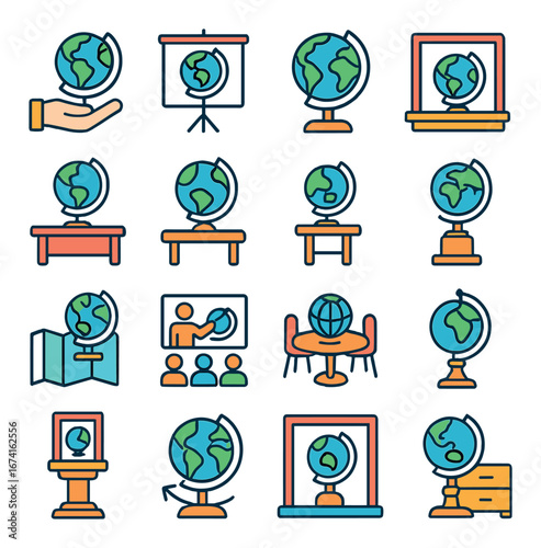 Flat educational icon set featuring globe, classroom, map, lecture, and student symbols